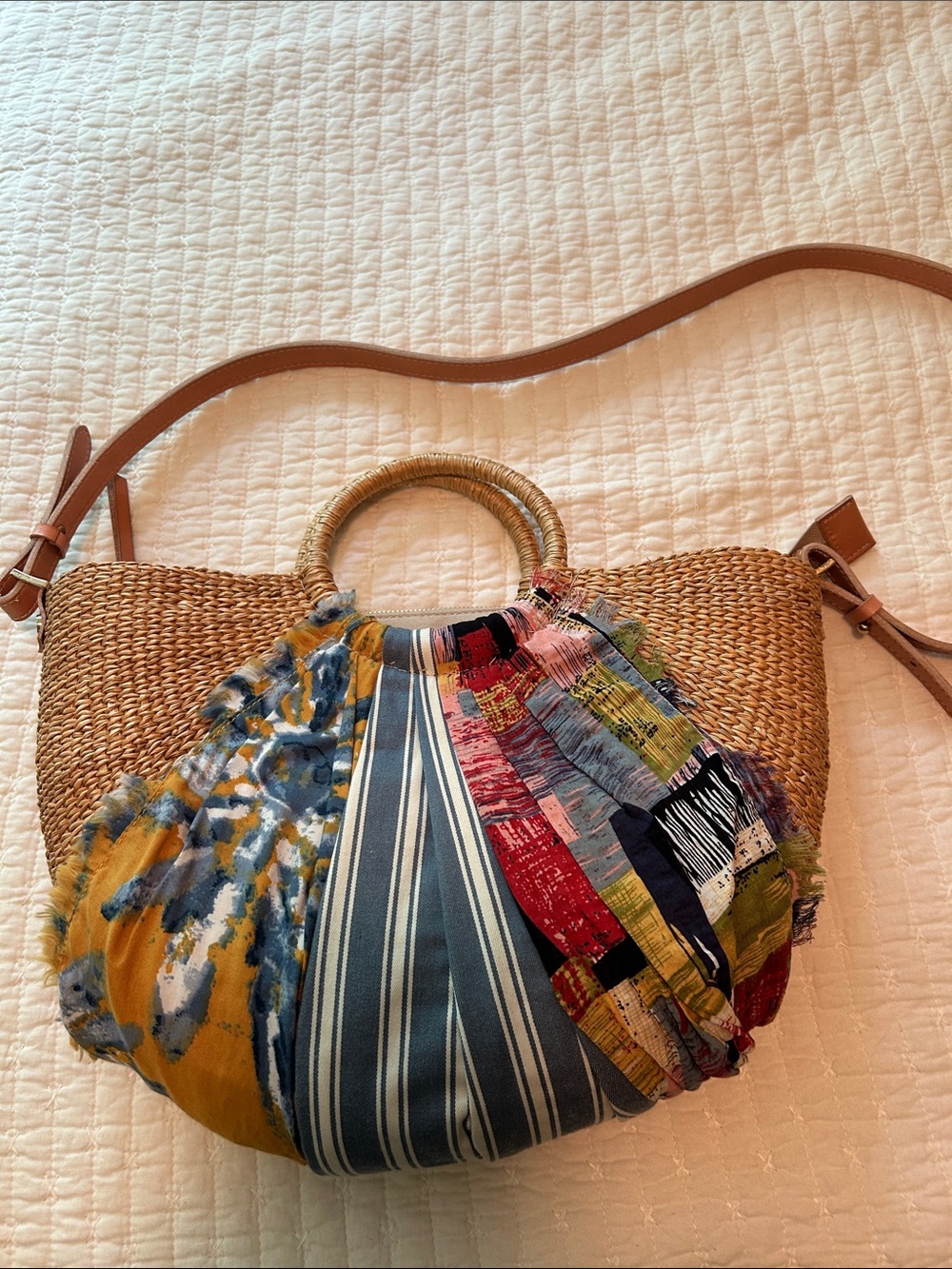 Sam Edelman Multicolor Patchwork Straw Tote with Tan Strap